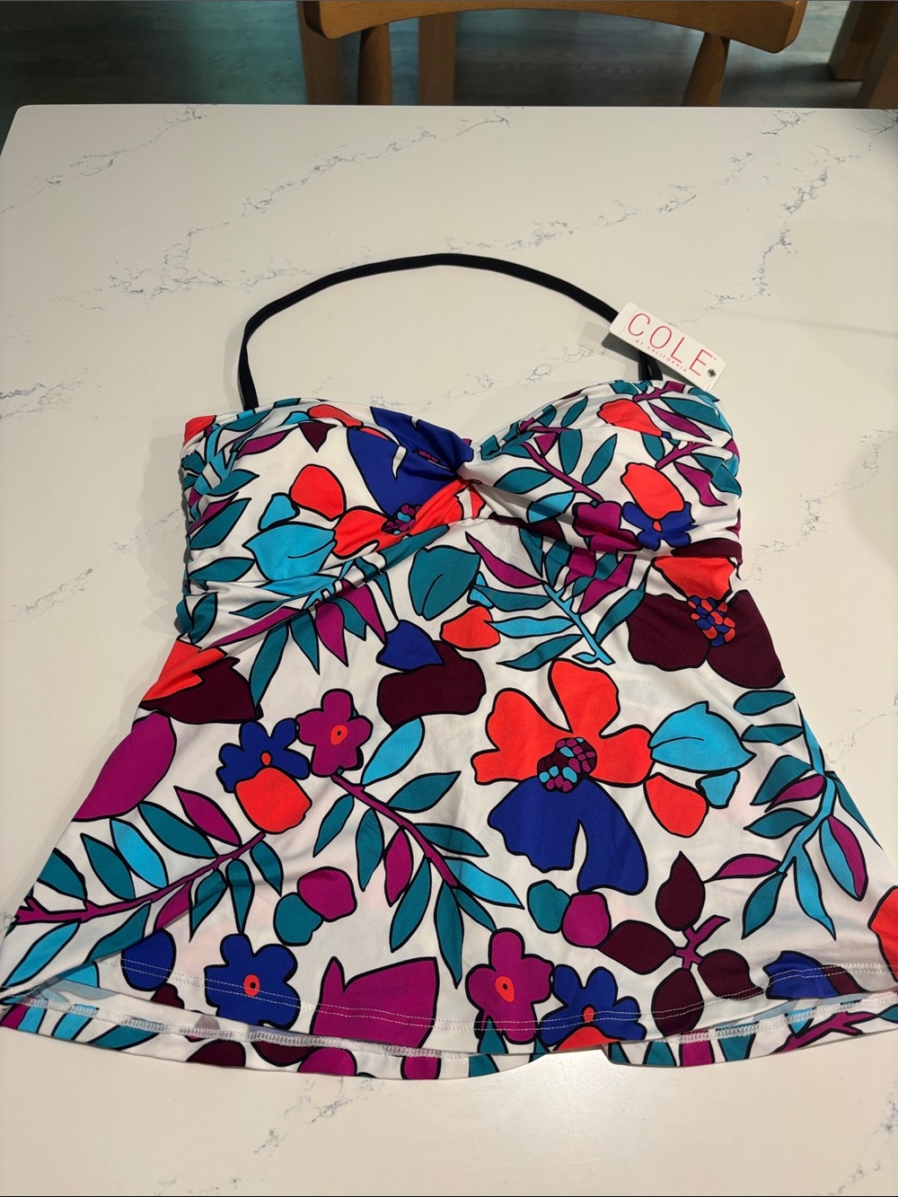 Anne Cole Floral Bandeau Swim Top in White with Red, Blue, Teal, Purple
